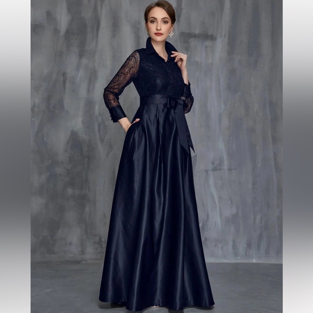 Elegant Navy Blue Lace Long Dress